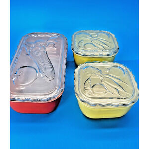Vintage Jeannette Glass Refrigerator Dishes Red Yellow Scalloped Lids Set